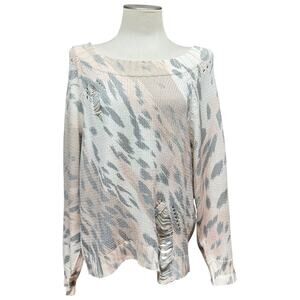 Umgee Distressed Sweater Cream Gray Tan Pink Medium